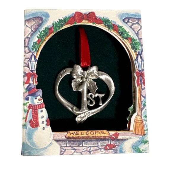 Lindsay Claire Designs Pewter Our 1st Christmas Ornament Red Ribbon & Gift Box - Picture 1 of 4